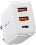 Ładowarka sieciowa Baseus Compact Quick Charger, 2xUSB, USB-C, PD, 3A, 30W (biała)