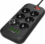 ColorWay Power Socket CW-CHE64B Black, 4xUSB, 2 m, 250 V, 6 euro sockets, 17 W