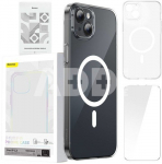 Pouzdro na telefon Baseus Magnetic Crystal Clear pro iPhone 13 (průhledn&eacute;) s ochrann&yacute;m krytem displeje z tvrzen&eacute;ho skla a čistic&iacute; sadou