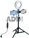 LED žiedinė lempa 16cm, su trikoju stovu iki 70cm ir dvigubu telefono laikikliu, USB