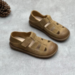 Johnature k&auml;sit&ouml;&ouml;na valmistatud ehtsast nahast sandaalid vintage &uuml;mmarguse ninaga lamedad kootud konksu ja aasaga veisenahast naiste kingad 35 khaki
