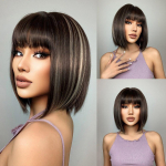 ALAN EATON Bob parukad koos tukkidega S&uuml;nteetiline l&uuml;hike sirge parukas mustadele naistele segatud pruun tuhkhall kuumakindel bobo Cosplay parukas