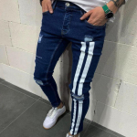 New men's slimming hole jeans small leg pants paint printing jeans men striped pants S