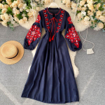 Rahvuslikus stiilis elegantne &uuml;hes t&uuml;kis kleit naiste lilleprinteriga Vintage peokleit Naiste vaba moodsad retrodisainiga kleidid 2024 XL sinine