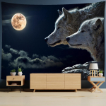 Arctic Wolf gobel&auml;&auml;n Seinale rippuv P&auml;ike ja Kuu Ps&uuml;hhedeelsed loomad N&otilde;idus Boheemlaste kodu &Uuml;hiselamu taustal Coth Decor 95x70cm