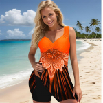 Naiste ujumisriided Tankini 2-osaline ujumistrikoo, oranž Lotus Print, puhkuse ujumisriided S oranž