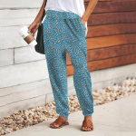 Naiste 3D sinised lillelised fragmendid prinditud p&uuml;ksid pitsiga elastne v&ouml;&ouml;koht vabad p&uuml;ksid vabaaja pikad p&uuml;ksid taskutega p&uuml;ksid XS sinine