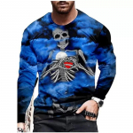 Men Spring And Autumn Horror Skull Pattern 3d Printed O-Collar Long Sleeve Loose Vintage Printed T-Shirt Top Men Tees S