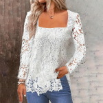 Naiste moodne soliidne pitstop ruudukujulise kaeluse ja pitsiliste pikkade varrukatega XXL valge