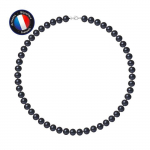 PERLINEA - Collier Perle de Culture d'Eau Douce AAA+ Semi-Ronde 8-9 mm Noire - Mousqueton - Argent 925 Milli&egrave;mes - Bijoux Femme