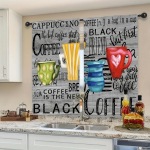 2tk 3D-kohviillustratsioon kohvikardinapuu tasku must k&auml;sitsi maalitud kohvielement, tr&uuml;kitud valgust filtreeriv k&ouml;&ouml;gikardin 2x68W165H(CM)&Grommet Top