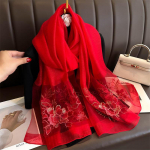 Siidist k&auml;sitsi tikitud sall: Elegantne mooruspuusiidist sall kevadiseks ja s&uuml;giseseks hooajaks 70*180CM punane