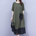 Naiste suveriided Mood Patchwork Shirring Korea &uuml;mara kaelusega kolmem&otilde;&otilde;tmeline kaunistus l&uuml;hikeste varrukatega keskmise pikkusega kleit 5XL roheline