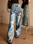 Rose Beauty A High Street Vintage V&auml;rvi Kirja Koomiksiprindiga Lahtised Teksap&uuml;ksid Naised Y2K Viltuse Taskuga Laiade S&auml;&auml;rtega Teksap&uuml;ksid Preppy Mugavad Denim P&uuml;ksid XS