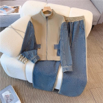 Naiste Kevad/S&uuml;gis Komplekt &Uuml;li&otilde;pilase Patchwork Denim Top + Laiade S&auml;&auml;ristega P&uuml;ksid Kaheosaline Komplekt M khaki