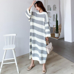 Stripe Crew Neck Pullover Naiste s&uuml;gistalvine avar vintage pikk kootud kleit Naiste riided One Size hall v&auml;rv