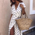 Suvine naiste pikk Seelik t&auml;piline V-kaelusega n&ouml;&ouml;riga l&otilde;hustatud kleit Pikk kleit XS-XL S valge