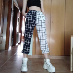 Vintage ruuduline lapip&uuml;ksid Harajuku naine p&uuml;ksid elastikud k&otilde;rge v&ouml;&ouml;kohaga p&uuml;ksid p&otilde;hjuslik sirge ruuduline ruuduline prited p&uuml;ksid L must valge v&auml;rv