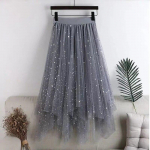 Qooth Women Fairy Star Sequins Mesh Tutu seelik l&auml;ikiv elastne v&ouml;&ouml;koht pikk t&uuml;ll A-line seelik QT2298 One Size hall