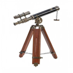 Antique Brown Brass and Leather Double Barrel Telescope on Wooden Tripod, Brass Nautical Telescope on Brown Wooden Tripod for Home  Office