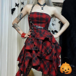 Gootiline ruuduline punane suvekleit naistele Lolita t&auml;navamood varrukateta punk &otilde;lalt v&auml;ljas kleit peokleit as&uuml;mmeetriline kleit S