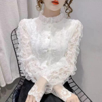 Moodne Ruffle Vintage pluus Naiste Elegantne pikkade varrukatega pitss&auml;rk Lahtine &scaron;ifoonist s&auml;rgid Stand krae plisseeritud topsid pluusid XXL valge