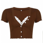 Y2K pitsiga k&auml;rbitud topid Pruunid puuvillased n&ouml;&ouml;biga T-s&auml;rk l&uuml;hikeste varrukatega V-kaelusega Retro Harajuku Basic Casual Cardiagn naiste T-s&auml;rk S pruun