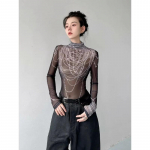 3D Pearl Print Poolk&otilde;rge kraega T-s&auml;rgid Kevadised Uued Slim Fit L&auml;bipaistvad v&otilde;rk T-s&auml;rgid Y2k E-Girl pikkade varrukatega alumised topid naistele S must