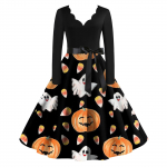 Naiste vintage klassikaline kleit kaelusega v&ouml;&ouml;kohaga kikilips, pikkade varrukatega Halloweeni tr&uuml;kiga V-kaelusega kiikkleit XXL ingver