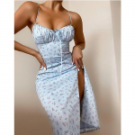 [pi27] Seksikas mood lilleline volangidega pits-up avatud p&auml;itsetega kleit, naisterahvas M helesinine v&auml;rv