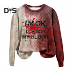 Naiste dressipluus 3D Bloodstain Print &Uuml;markaelusega vabaaja Halloweeni kummitusmaja Cosplay pikkade varrukatega avar kapuuts L