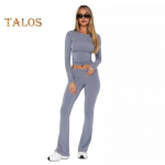 2 tk/komplekt Naiste &uuml;laosa p&uuml;kste komplekt &Uuml;mmargune kaelus, &uuml;hev&auml;rviline pikkade varrukatega Slim Fit T-s&auml;rk madala v&ouml;&ouml;kohaga laieneva kandiga p&uuml;ksid vabaaja spordiriietus S must