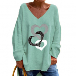 Naiste vabaaja T-s&auml;rk V-kaelusega pikkade varrukatega pullover Topid kividest s&uuml;damemustriga lahtise sobivusega T-s&auml;rk T&auml;navar&otilde;ivad S must