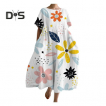 Naiste kleit avar, &uuml;mara kaelusega l&uuml;hikeste varrukatega boheemlaslikus stiilis kunstiline lilledega tr&uuml;kitud pehme &uuml;lisuur rannareiside suvine midikleit 2XL tumeroheline v&auml;rv