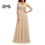 Naiste V kaelus, 3/4 varrukatega kleit, heegeldatud pitsv&otilde;rk, &otilde;mblemine k&otilde;rge v&ouml;&ouml;kohaga Line Maxi kleit seljata &uuml;hev&auml;rviline pikk kleit XL &scaron;ampanjav&auml;rvi