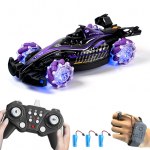 Kaugjuhtimispuldiga trikiauto, 360 kraadi p&ouml;&ouml;rlev pihustiga triiv maastikus&otilde;iduk koos tulede heliga, 3 akut 3 Battery lilla