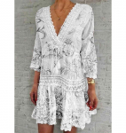 Naiste moodne lilledega tr&uuml;kitud kleit vabaaja rannakleit Suvine V-kaelusega pitskleit Seksikas peokleit 3/4 varrukatega Boho kleit 2XL