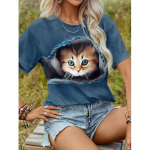 Naljakas 3D multikas kassprinteriga naiste T-s&auml;rgid vabaaja O-kaelusega l&uuml;hikeste varrukatega top Moodne Kawaii loomamustriline pluus suvine lahtine tee M
