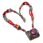 Ruby(Simulated), Coral Handmade 925 Sterling Silver Jewelry Necklace 18 y4l06