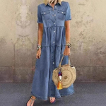 Naiste L&uuml;hikeste Varrukatega Pehme &Otilde;huke Denim Pikk Kleit Retro N&ouml;&ouml;pidega Taskud Jeans Maksikleit Daamide Vabaaja Vestidos 3XL helesinine v&auml;rv