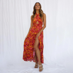 Naiste kevadine varrukateta lillemustriga rippuva kaelusega kleit kevadine vabaaja A-l&otilde;ikeline pahkluuni pikkusega k&otilde;rge v&ouml;&ouml;kohaga l&otilde;hikuga seksikas paeltega kleit L sinine