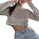 Naiste Crop Top L&auml;ikiv litritega O kaelusega, pikkade varrukatega v&ouml;&ouml;kohaga, pehme pullover Stage Show Performance Club Party Lady Top L