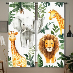 2 tk Safari Loomade Seikluse Kardinad - Metsa Džungli Prindiga L&otilde;vi, Elevandi ja teistega, Tunneliga Disain, Pooll&auml;bipaistev Po 76x165cm 2pc&Without mount