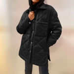 Naiste lahtine vabaaja &uuml;hev&auml;rviline keskmise pikkusega teemant-alla-puuvillajakk, leivajakk L must