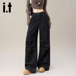 izzue it Women's American High Street Retro Loose Straight Wide-Leg Jeans L