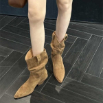 Suede Pointed Coarse Heel Medium Heel Short Boots Medium Boots High Heel Pile Boots Western Cowboy Boots 35 pruun
