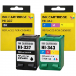 Pack 3 cartouches compatibles HP 337/343 &ndash; 2&times;337 Noir + 1&times;343 Couleur pour DeskJet/OfficeJet/PhotoSmart/PSC