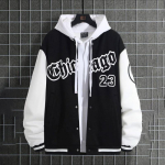 Meeste Chicago 23 Must Valge Varsity Jakk Kapuutsiga Kontrastsete Varrukatega Bomber XXL must