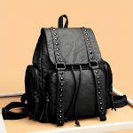 Moodne needikinnitusega klapiga seljakott, punkstiilis n&ouml;&ouml;riga daypack, vintage PU-nahast reisi-koolikott must