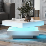 WF324126WAA) Valge Ruudukujuline K&otilde;rgl&auml;ikega Kohvilaud P&ouml;&ouml;rleva pealsega - Moodne Tehnostiil LED-valgustusega, 70x70x36 cm, 360-kraadi p&ouml;&ouml;rlev laud 70 x 70 x 36 cm valge